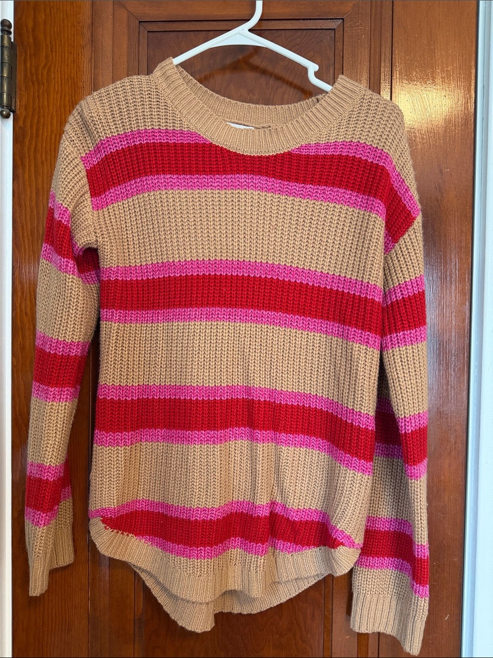 SO Striped Crewneck Sweater in Tan, Red and Pink